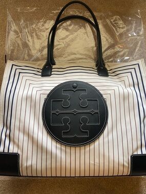 Tory Burch Ecru White Canvas Ella Tote w/Black Leather Trim and Navy Pinstripes